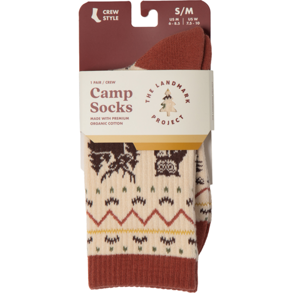 Packaged camp socks with pattern and 'The Landmark Project' branding on a white background