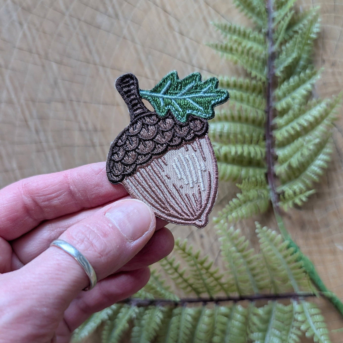 Acorn-shaped patch held by a hand with a fern leaf in the background