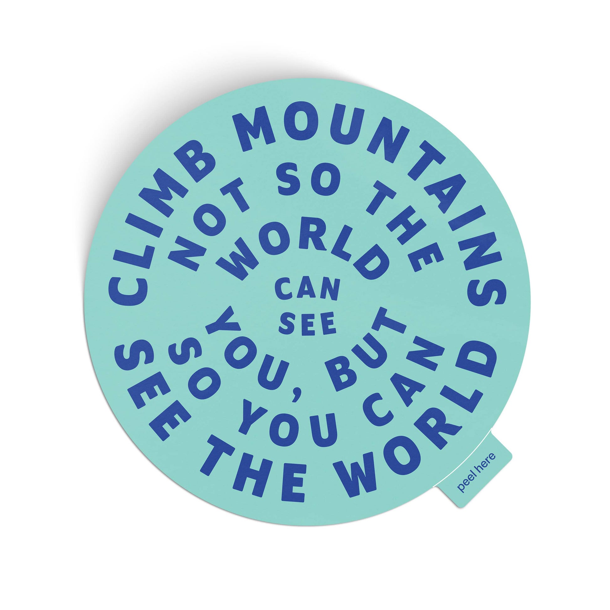 A circular mint green cushion with blue text that reads 'CLIMB MOUNTAINS NOT SO THE WORLD CAN SEE SEE YOU, BUT YOU CAN SEE THE WORLD' and a small side tab reading 'push here'.