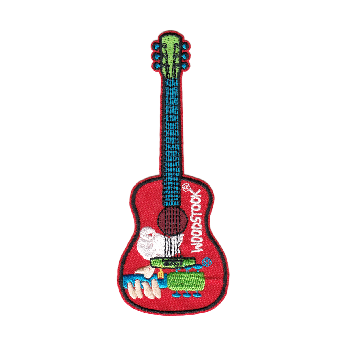 An embroidered patch shaped like an acoustic guitar, featuring a red body, blue neck, green headstock, and a cartoon hand plucking a guitar. The word 'WOODSTOCK' is embroidered vertically on the side.