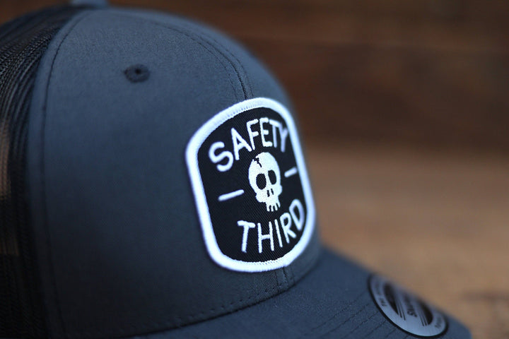 "Safety Third" Hat | Safety 3rd, MTB Trucker Hats | Adjustable Cap with embroidered patch: Charcoal/Black