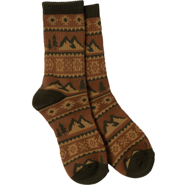 Pair of brown patterned socks with trees and mountains on a white background