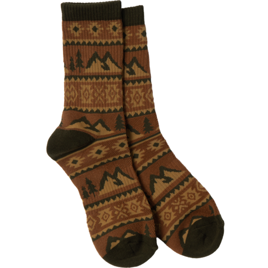 Pair of brown patterned socks with trees and mountains on a white background
