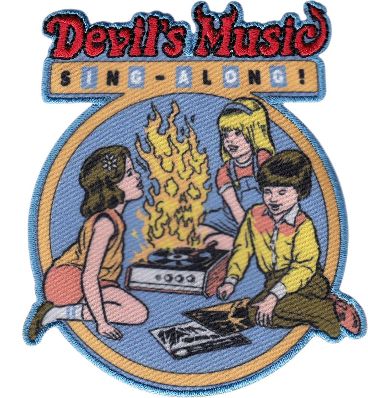 An embroidered patch featuring the text 'Devil's Music SING-ALONG!' above an illustration of three children gathered around a record player with flames, on a white background.