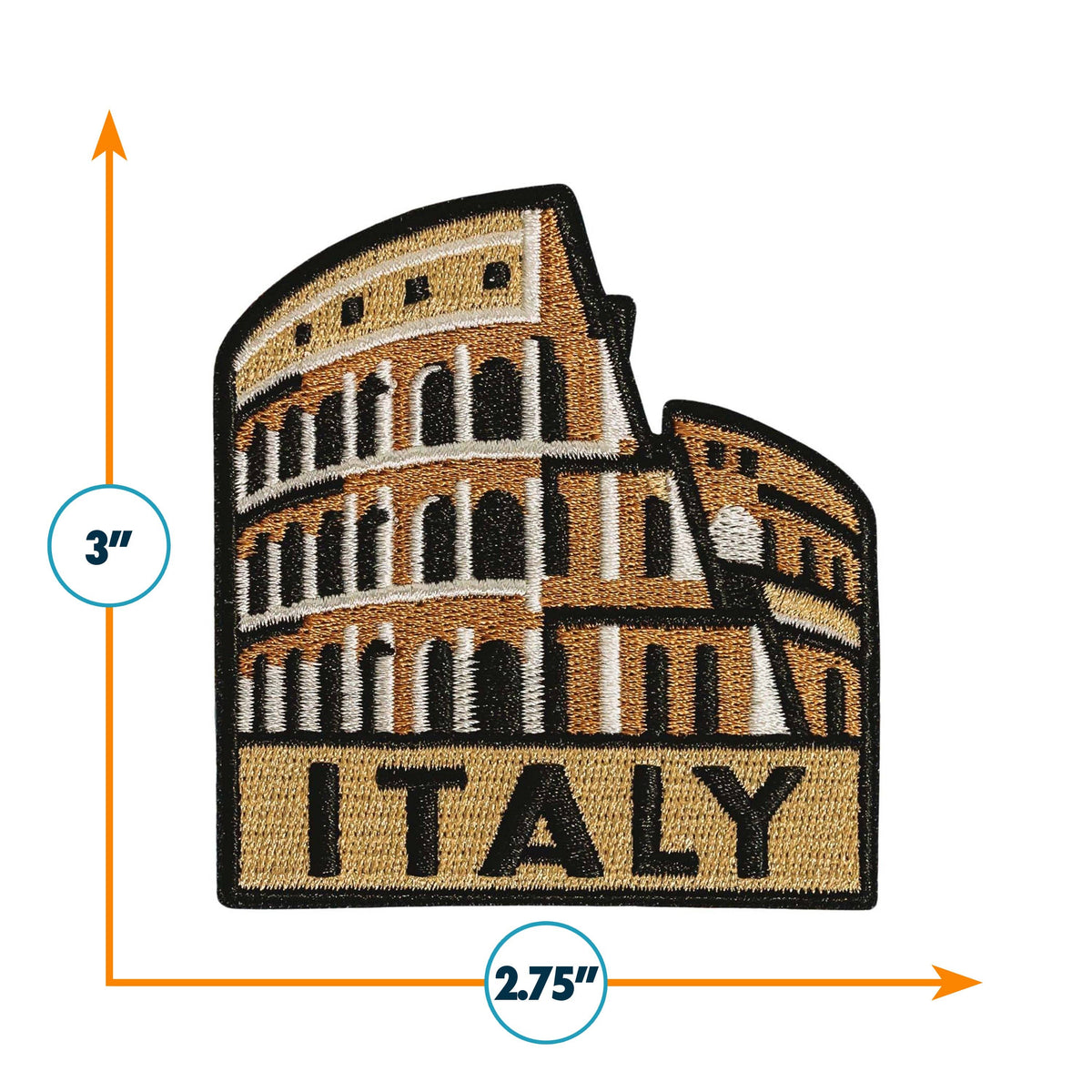 Embroidered patch of the Colosseum in Rome with 'ITALY' text, shown with orange dimension arrows indicating 3 inches tall by 2.75 inches wide on a white background.