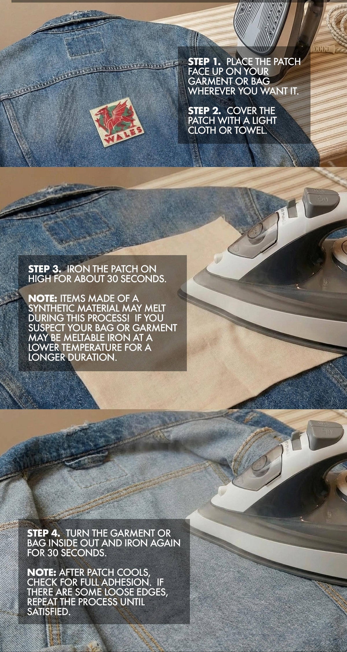 Instructions for ironing a Heart patch on denim fabric.