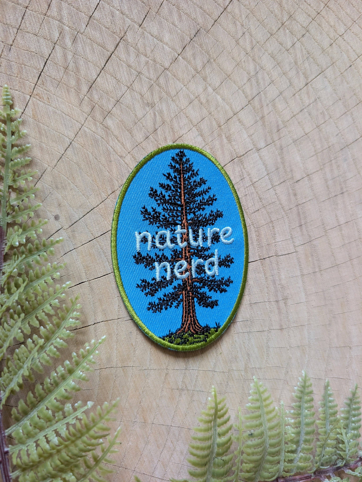 An oval embroidered patch featuring a pine tree on a bright blue background with the words 'nature nerd' in white, placed on a wood slice background with green fern leaves.