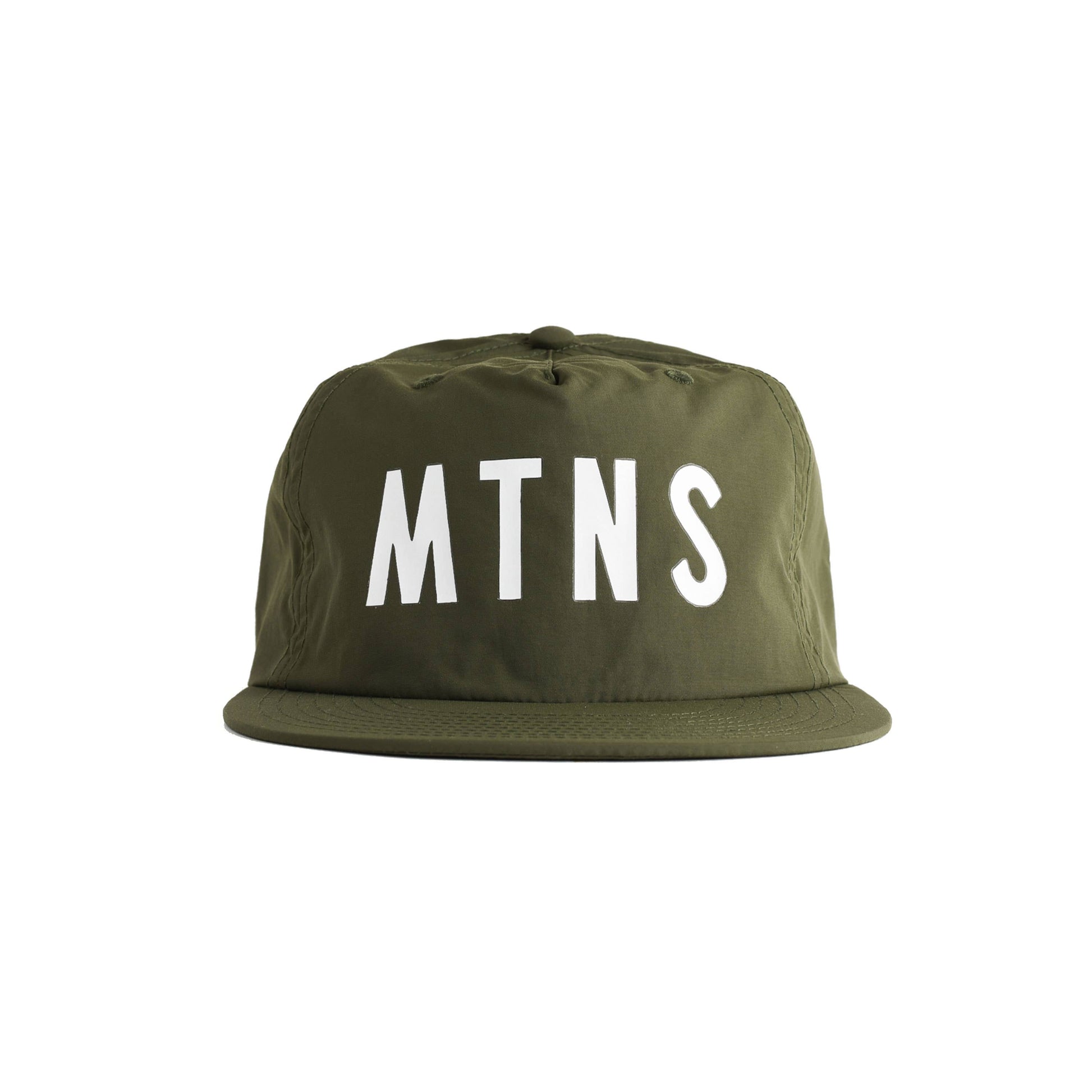 An olive green flat-brim cap with the letters 'MTNS' printed in bold white block text across the front, shown against a plain white background.