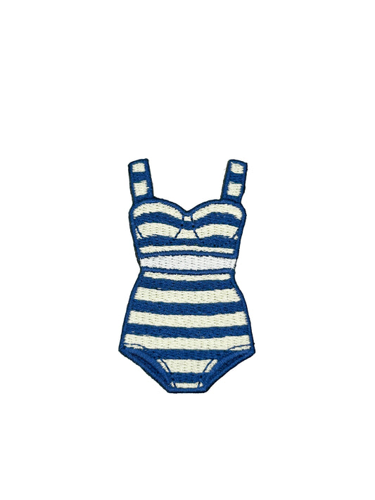 Preppy Striped Bikini Swimsuit Iron On Patch, Navy Cream Coastal Swimsuit