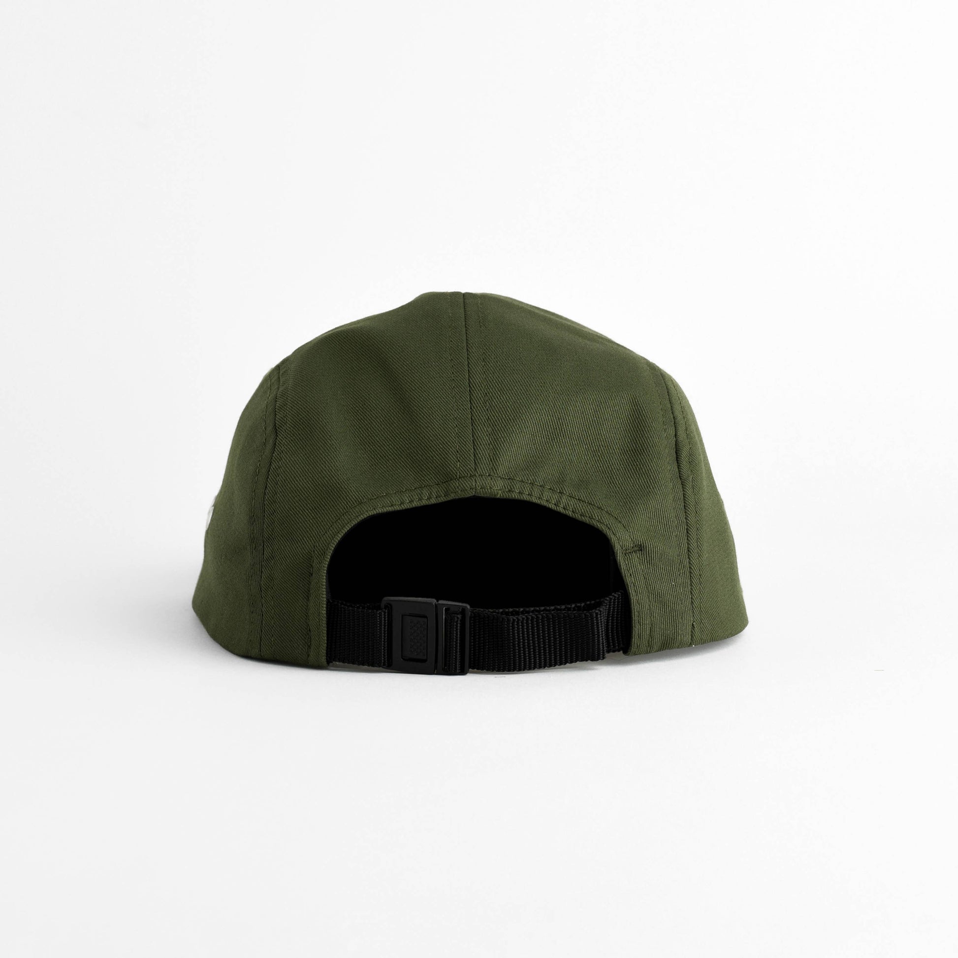 The back view of an olive green five-panel cap with a black adjustable strap and plastic buckle, shown on a clean white background.