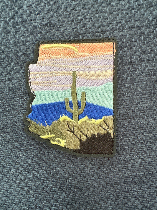 Arizona State Shaped Iron On Patch with Saguaro