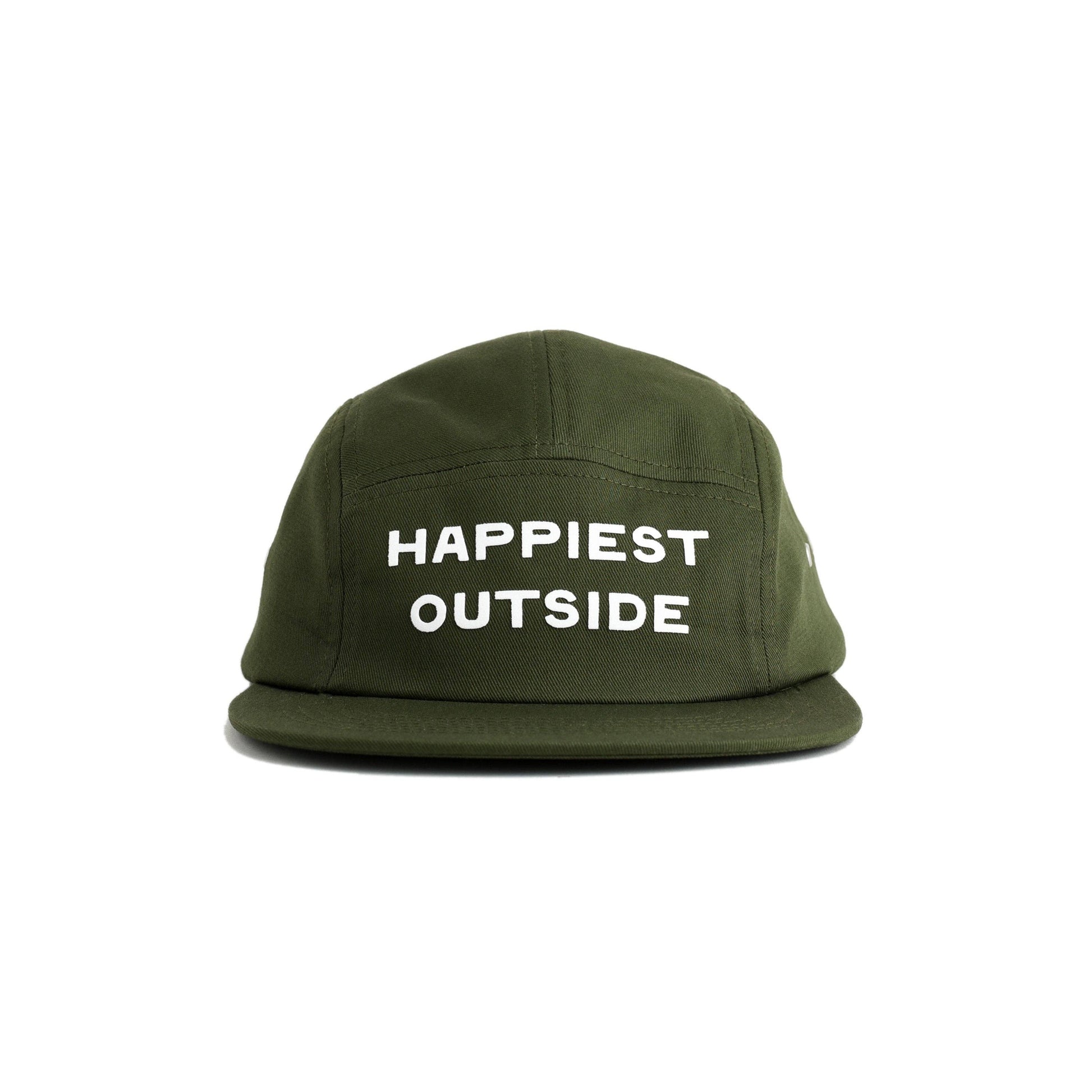 Green cap with 'Happiest Outside' text on a white background
