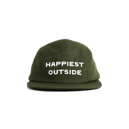 Green cap with 'Happiest Outside' text on a white background