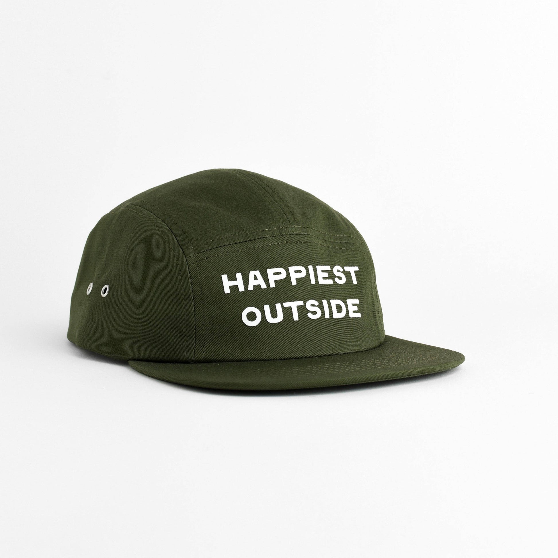 Green cap with 'Happiest Outside' text on a white background