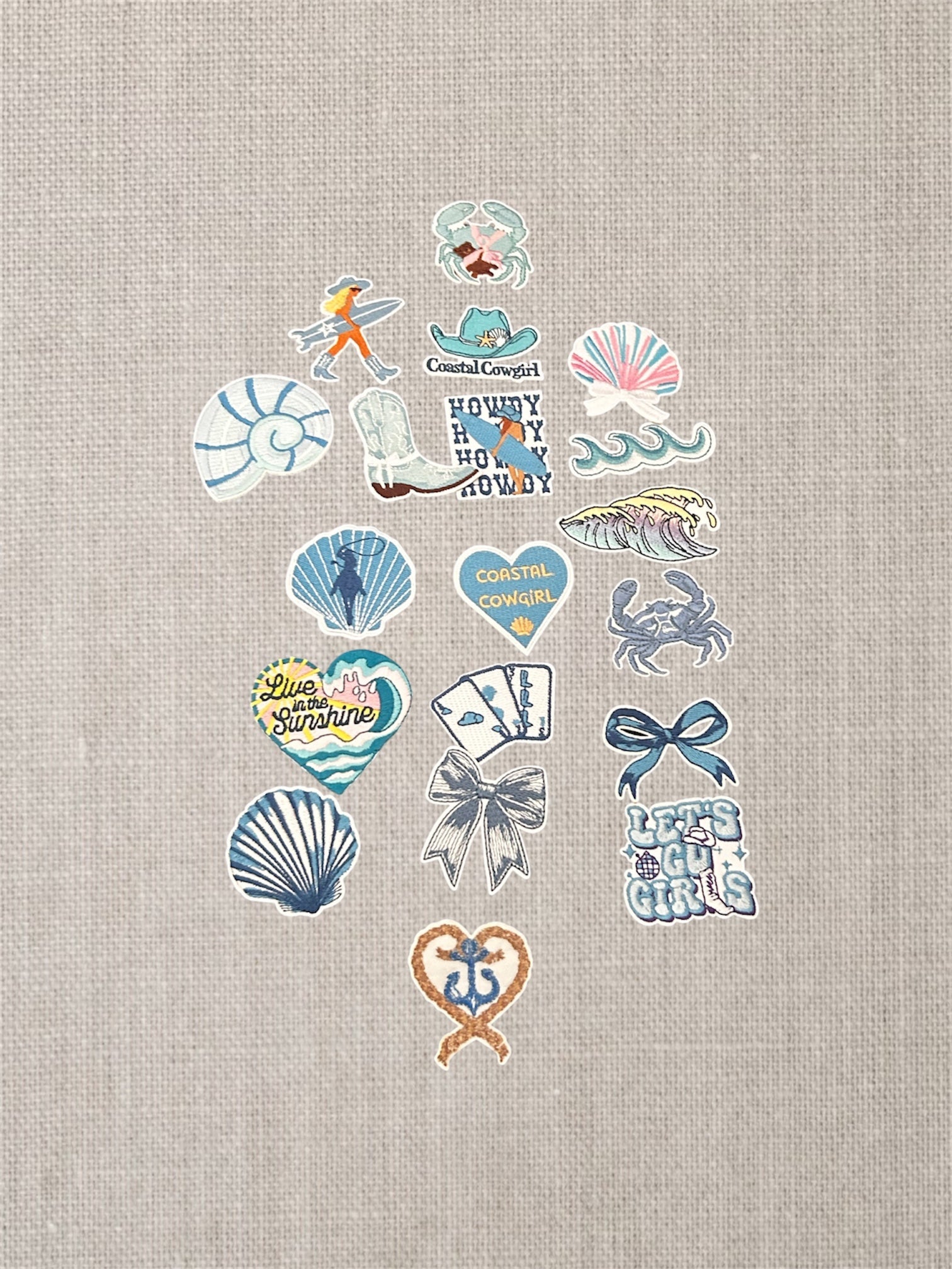 Collection of decorative stickers on a textured beige background