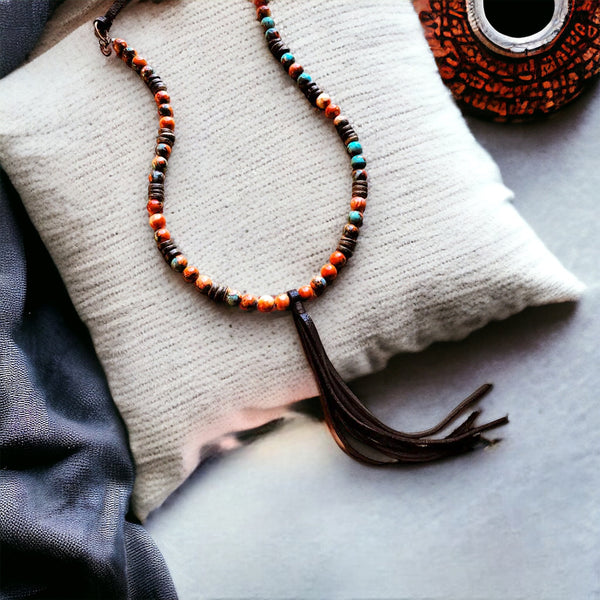 Multi-Colored Turquoise Necklace with Wood Beads and Leather Tassel