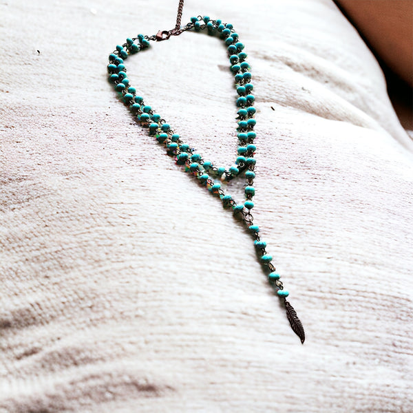 Double Strand Turquoise Lariat with Copper Feather