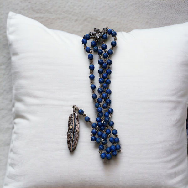 Navy Bead Double Lariat with Copper Feather (Clearance)