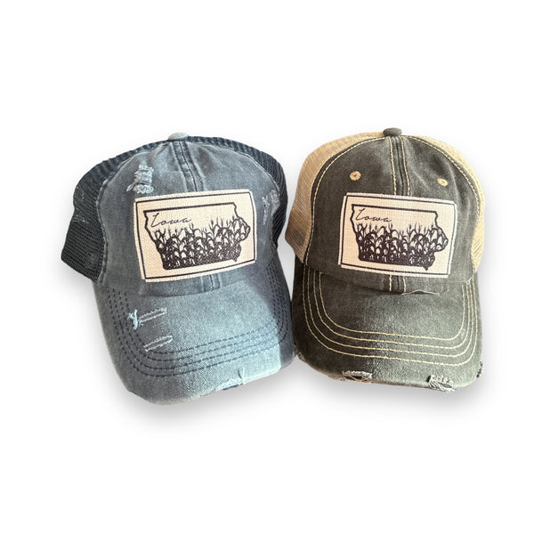 “Iowa” Cornfields Distressed Trucker Cap: Various Styles