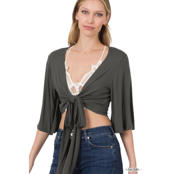 Luxe Rayon Tie Front Cropped Top: Black, Ash Gray, Ruby, Pink