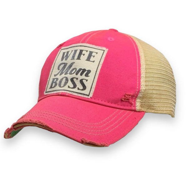 "Mom Wife Boss" Distressed Trucker Cap (SALE)