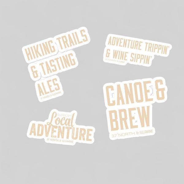 Assorted Sticker Pack "Hiking Trails & Tasting Ales"; "Canoe & Brew"; Adventure & Wine