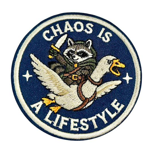 "Chaos Is A Lifestyle" Round Iron On Patch Racoon, Goose