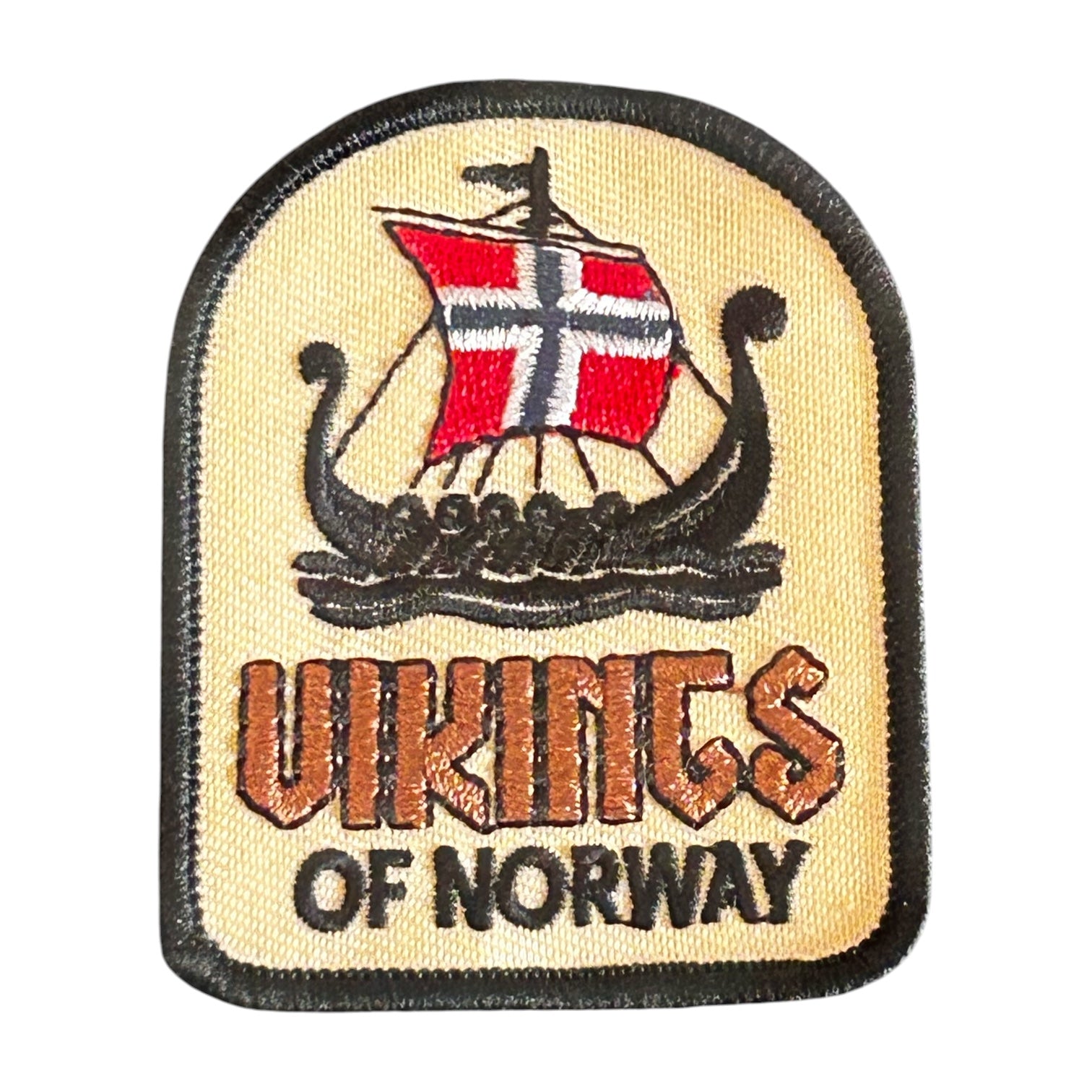 Patch with Viking ship and 'Vikings of Norway' text on a beige background