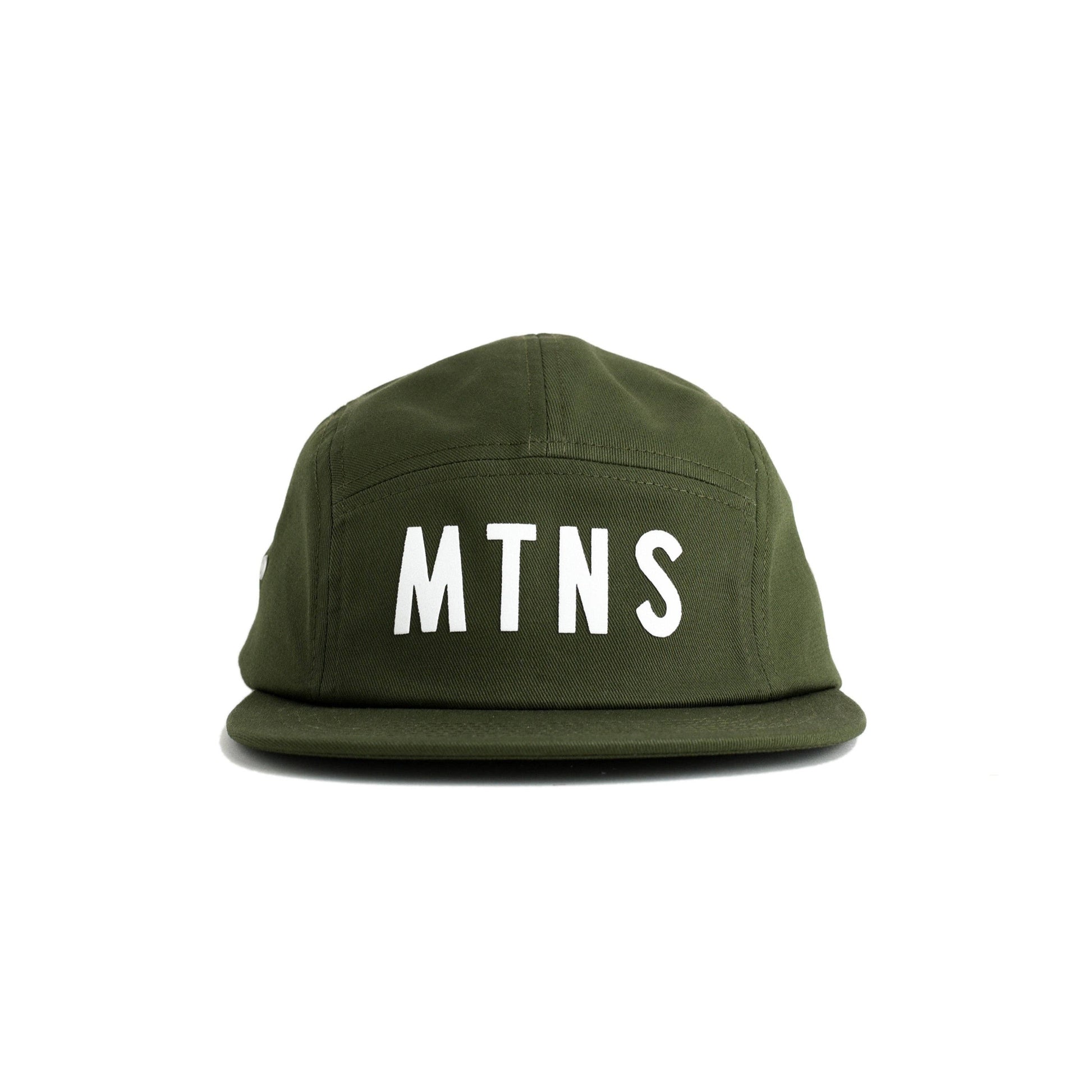An olive green five-panel cap with 'MTNS' printed in bold white letters on the front, set against a plain white background.