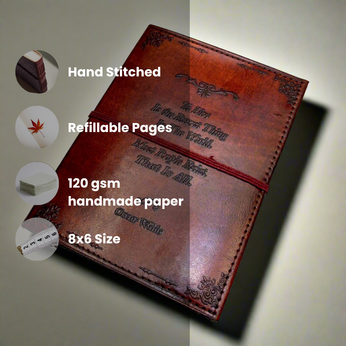 Brown leather notebook with text on cover, displayed against a gradient background.