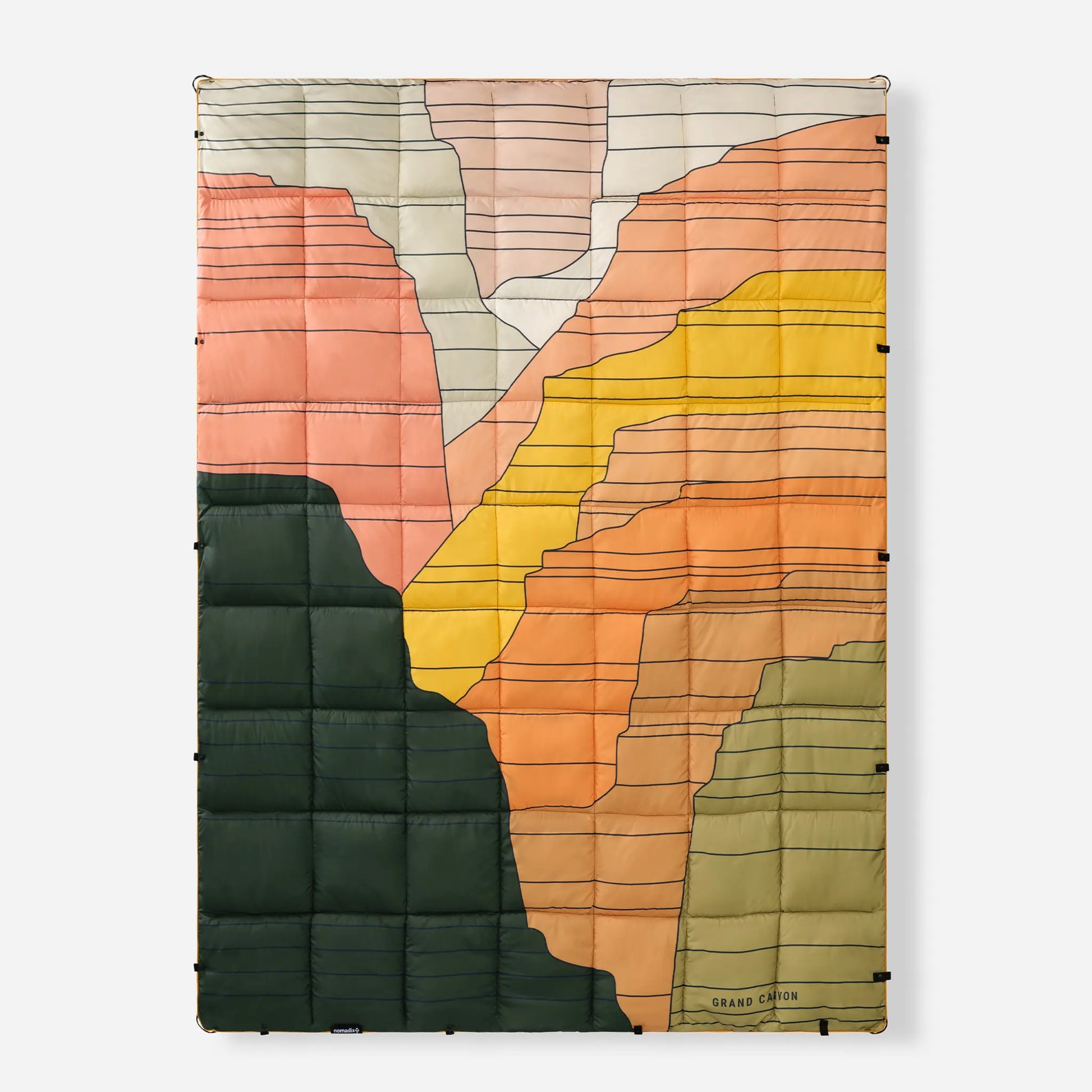 Colorful sleeping bag blanket ith Grand Canyon geometric pattern on a white background