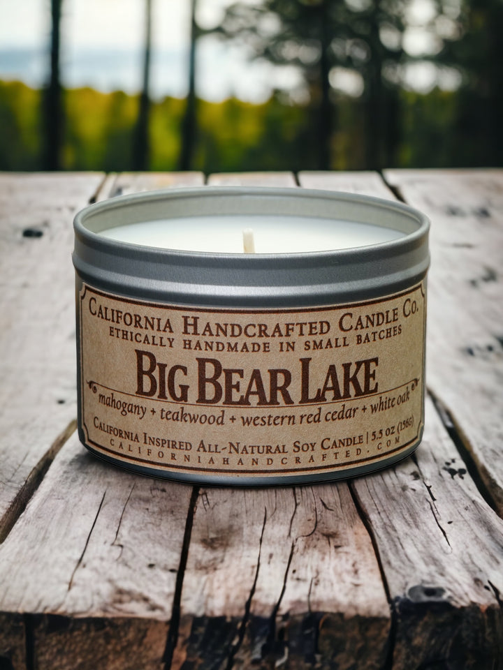 Big Bear Lake Mahogany, Teakwood, Western Red Cedar, and White Oak fragrances soy candle