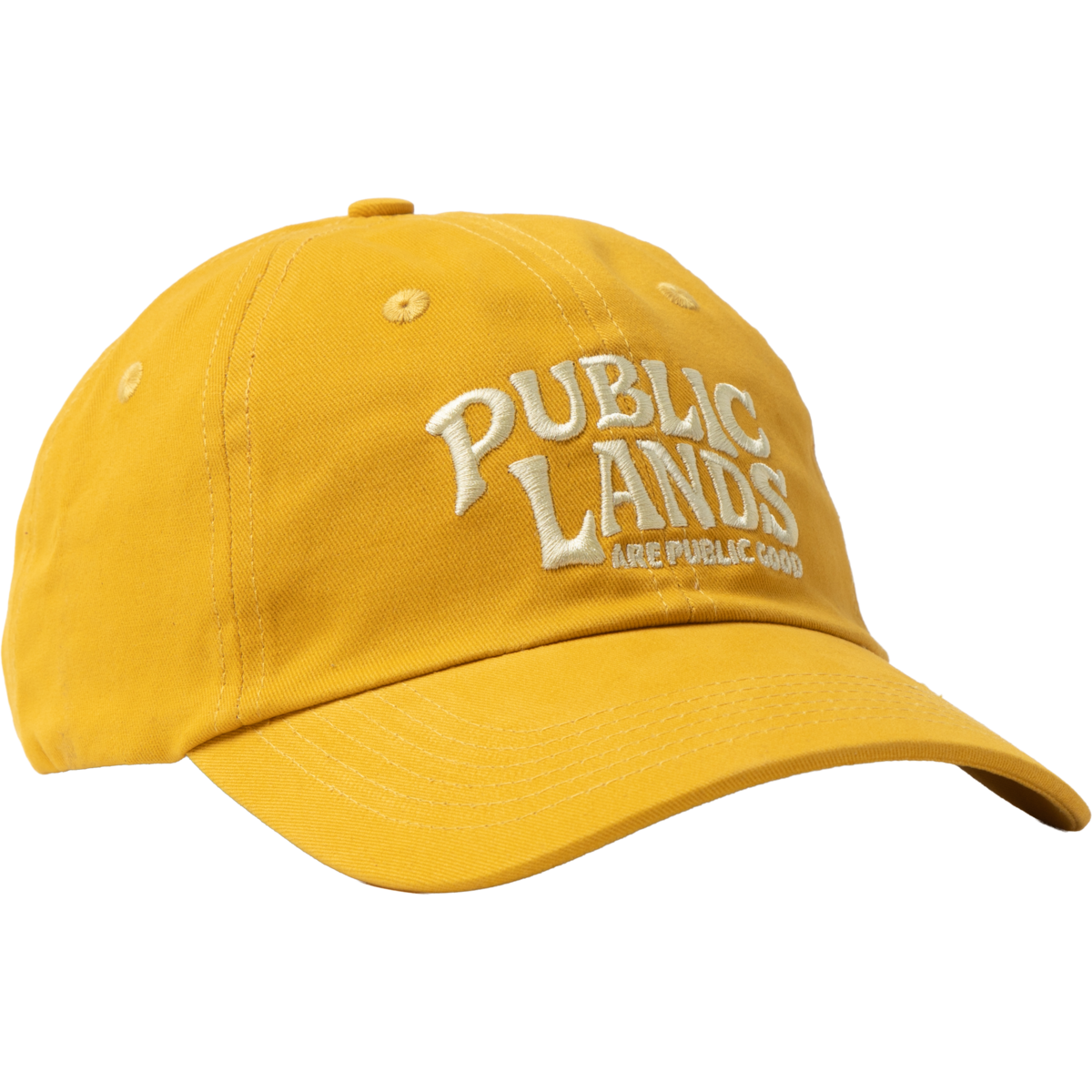 A yellow cotton baseball cap with 'PUBLIC LANDS ARE PUBLIC GOOD' embroidered in white on the front, shown against a plain white background.