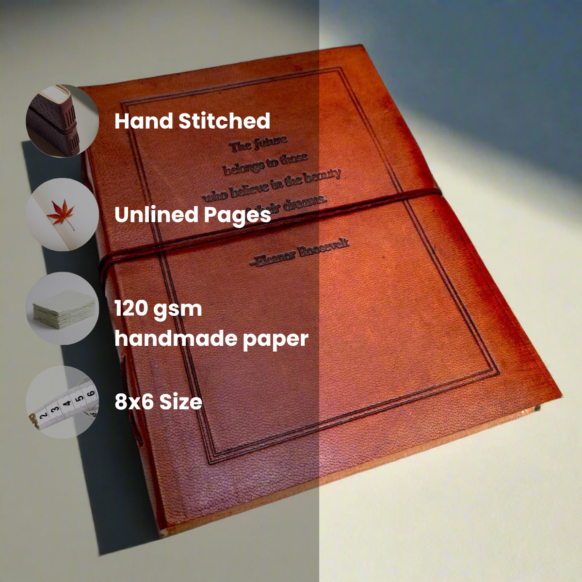 Hand-stitched notebook with unlined pages and 120 gsm handmade paper on a light background