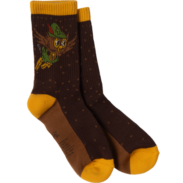 Pair of brown socks with yellow accents featuring a cartoon Woodsy owl design