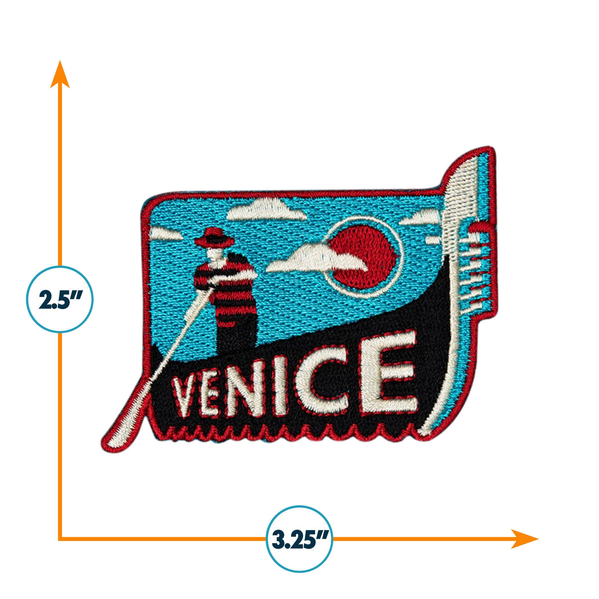 An embroidered patch shaped like the state of Utah, featuring a lighthouse and the word VENICE, shown with orange dimension arrows and labels indicating 2.5 inches tall by 3.