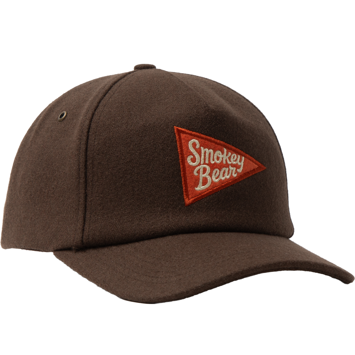 A dark brown wool-textured baseball cap featuring a red embroidered triangular patch on the front with the words 'Smokey Bear' in white script.