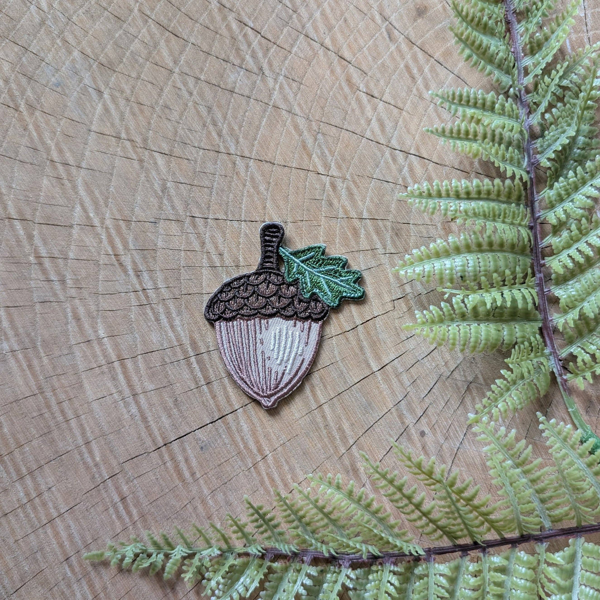 Embroidered acorn patch on a wooden surface with fern leaves