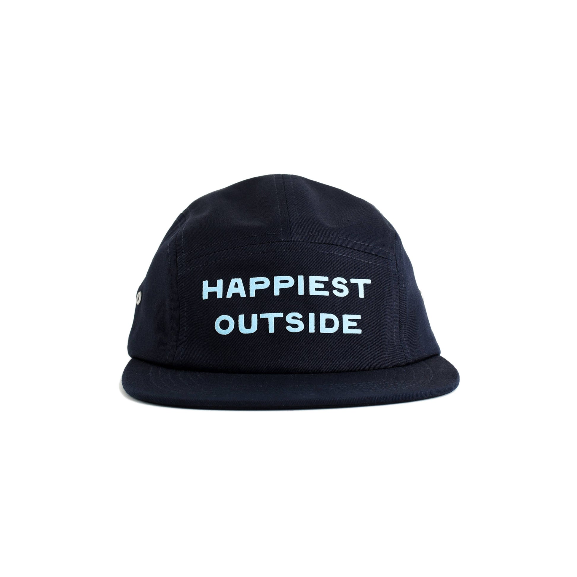 Black cap with 'Happiest Outside' text on a white background