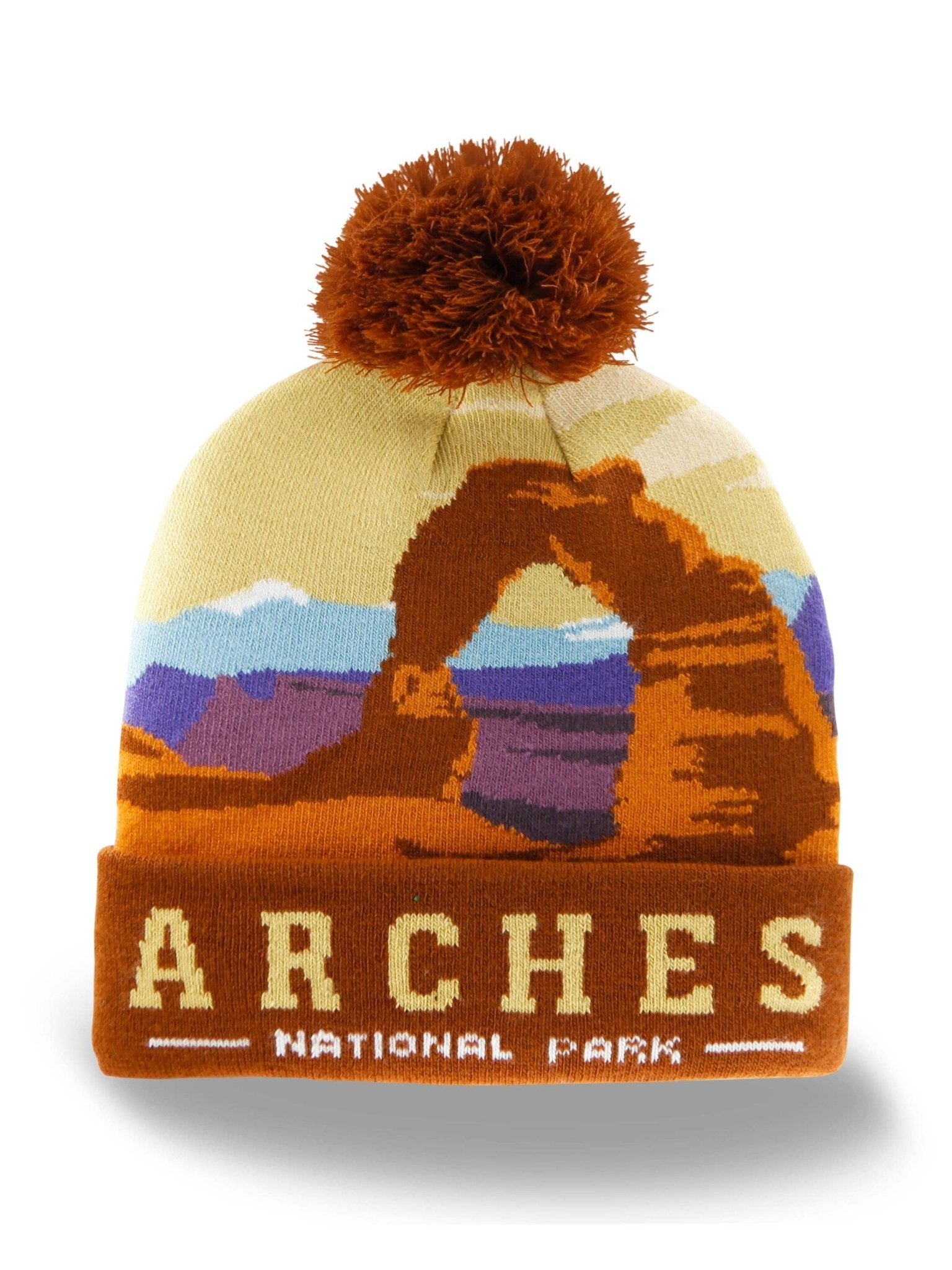 Arches National Park Beanie Hat with Delicate Arch Sunset Knit Pom Winter Cap - Wander Together Outfitters