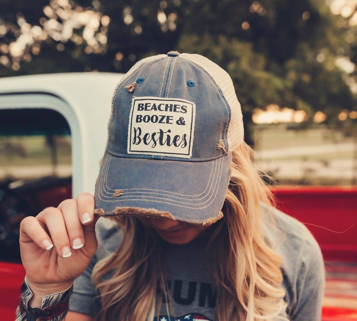 “Beaches Booze & Besties” The Perfect Summer Distressed Cap - Wander Together Outfitters