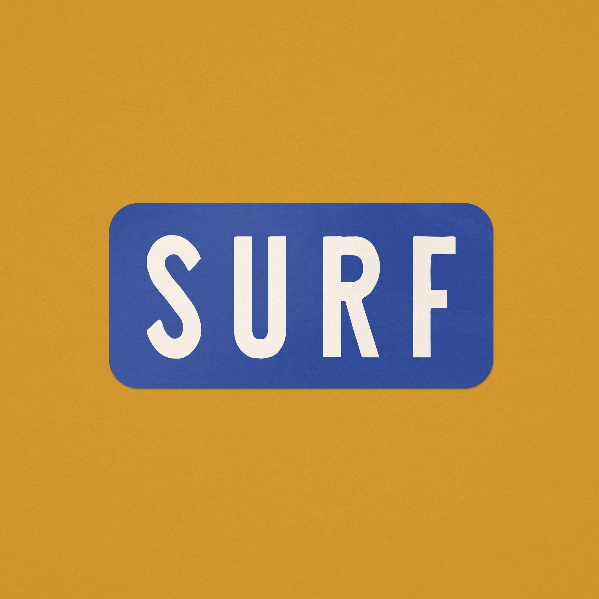 A blue rounded rectangle with the word "SURF" in large white letters, centered on a mustard yellow background.