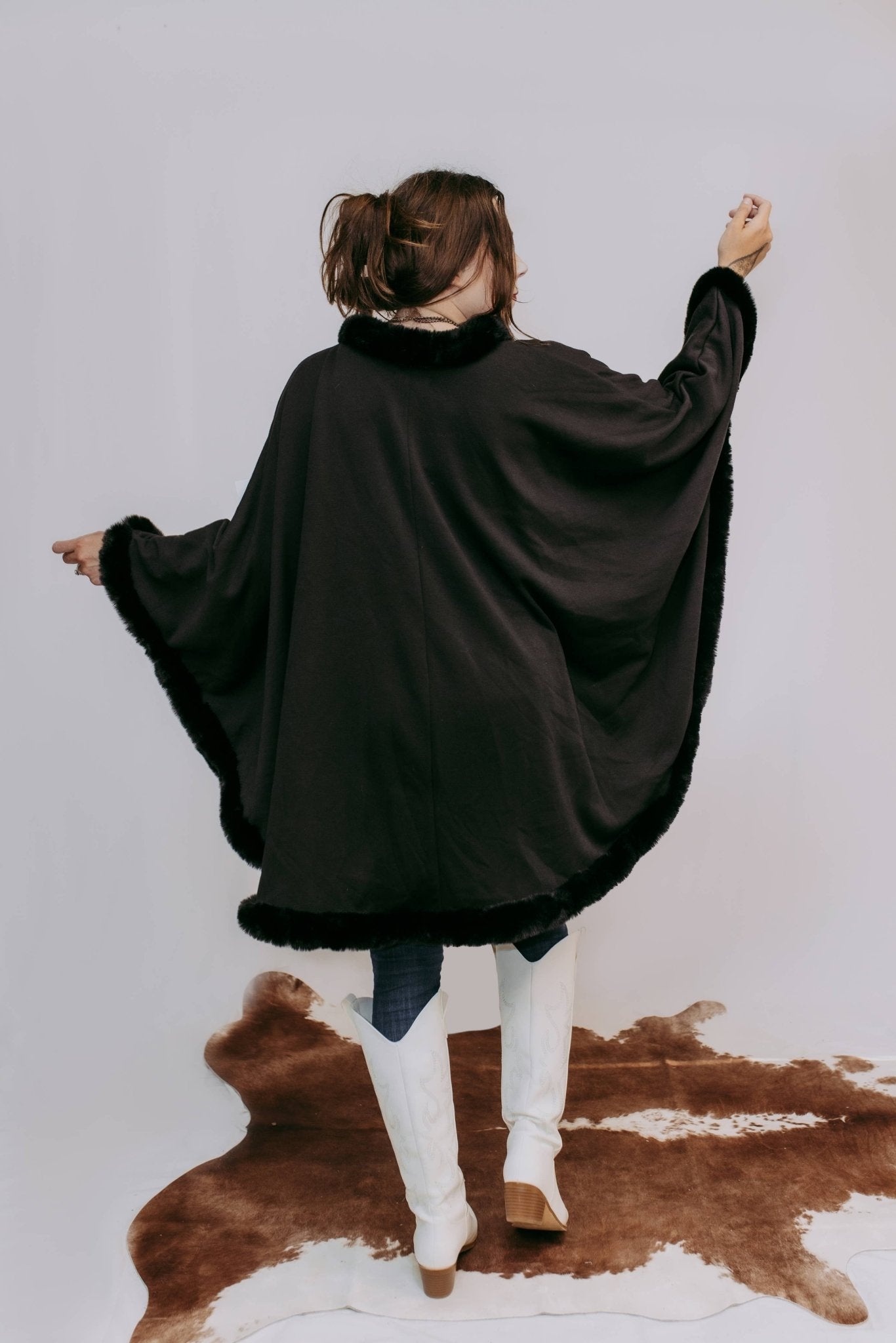 Black Faux Fur Trim Poncho (CLEARANCE) Last Ones! - Wander Together Outfitters