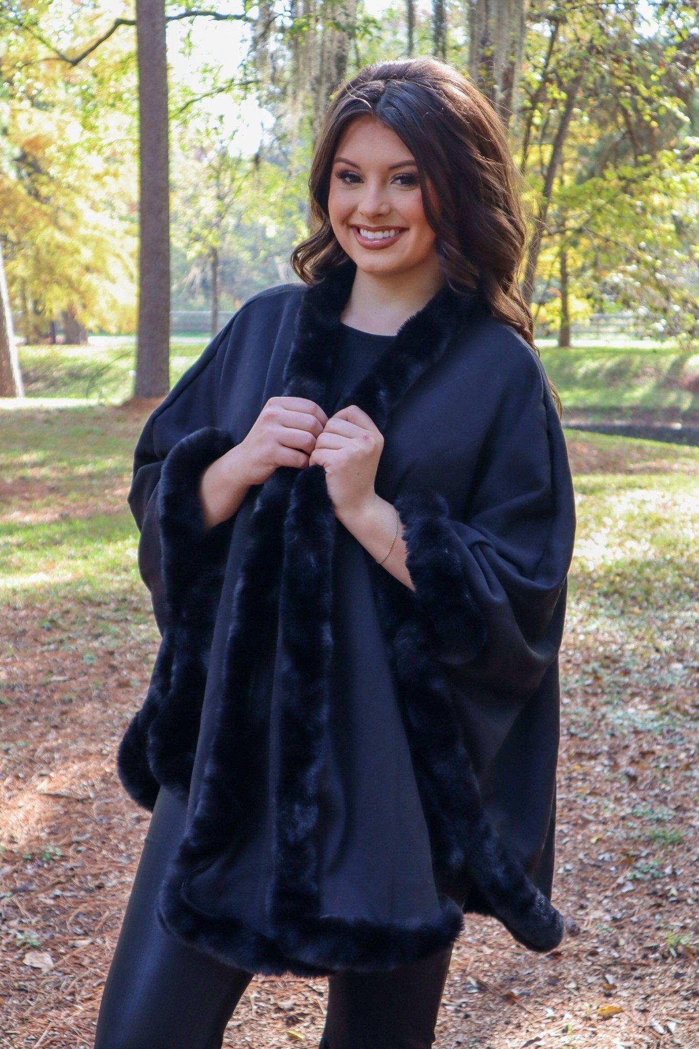 Black Faux Fur Trim Poncho (CLEARANCE) Last Ones! - Wander Together Outfitters