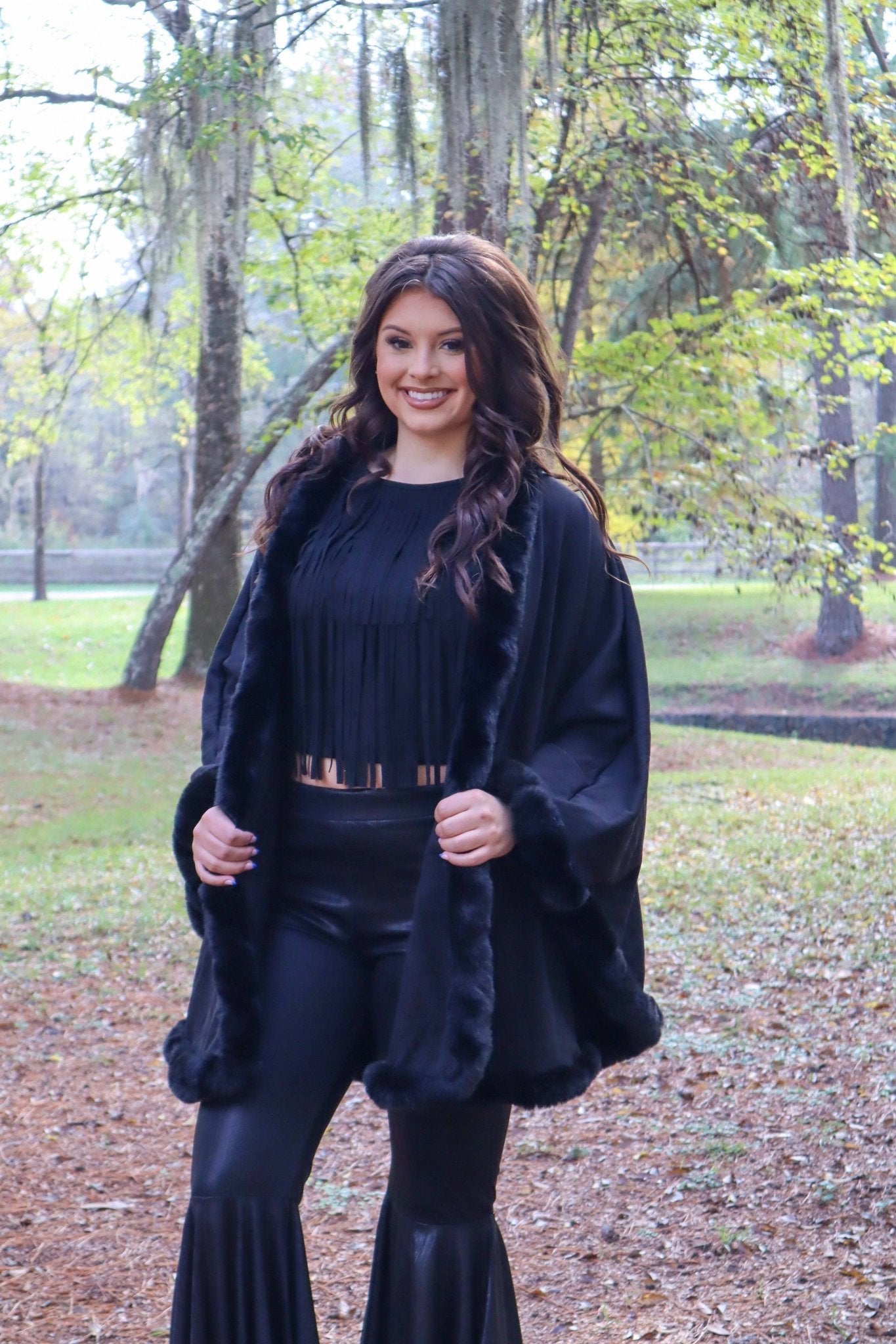 Black Faux Fur Trim Poncho (CLEARANCE) Last Ones! - Wander Together Outfitters