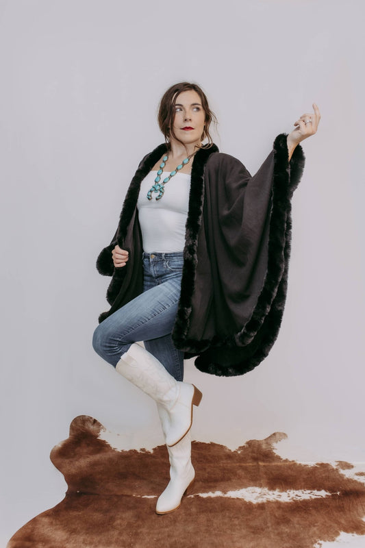 Black Faux Fur Trim Poncho (CLEARANCE) Last Ones! - Wander Together Outfitters