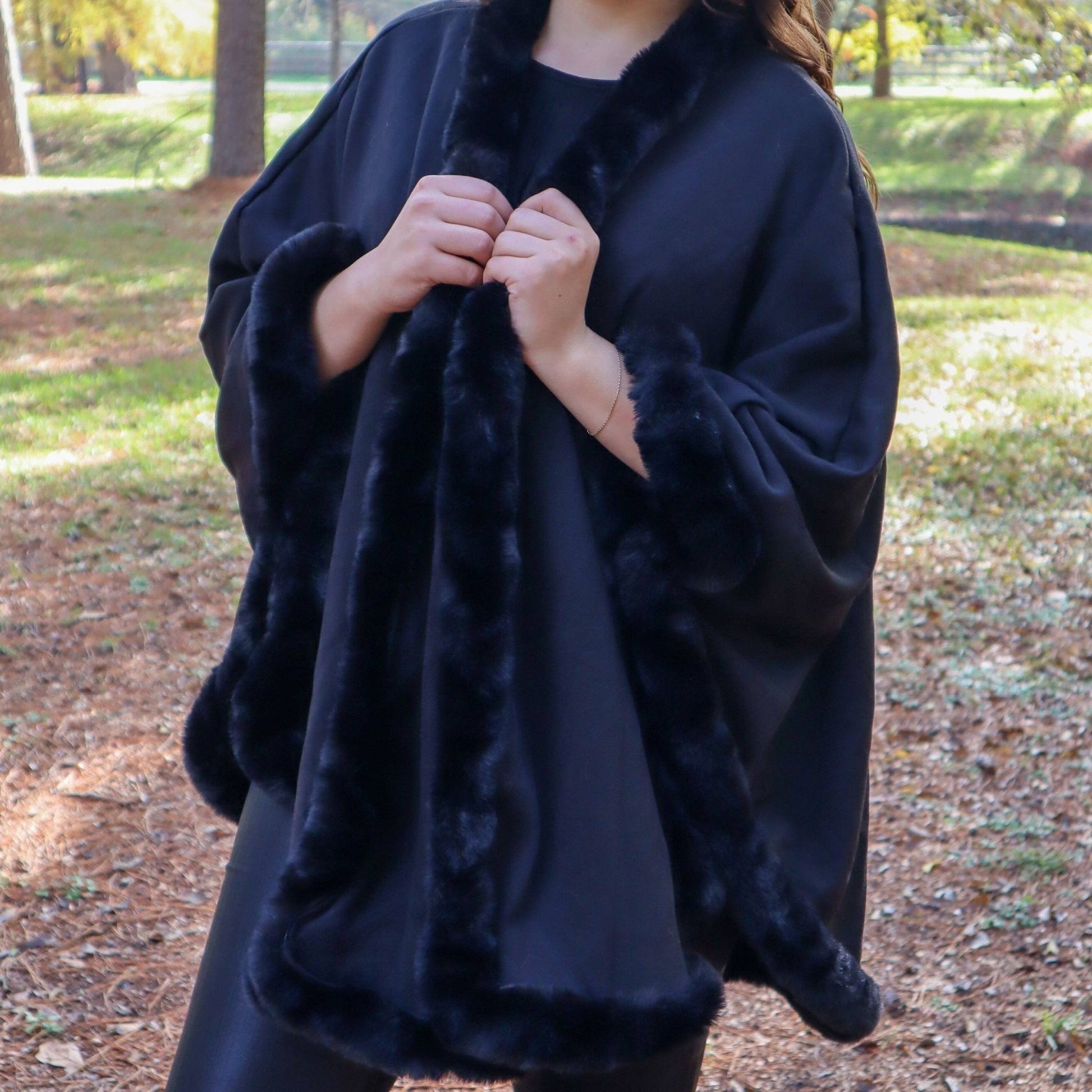Black Faux Fur Trim Poncho (CLEARANCE) Last Ones! - Wander Together Outfitters
