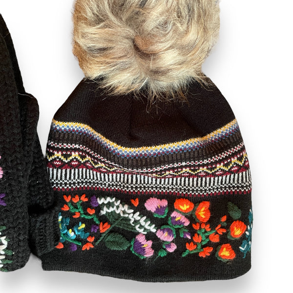 Hand-Sticthed Luxe Black Floral Pattern Cuff Pom Hat Beanie
