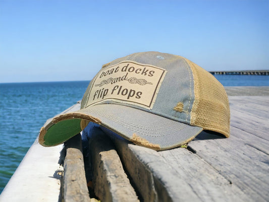 “Boat Docks & Flip Flops” Unisex Distressed Trucker Hat Baseball Cap - Wander Together Outfitters