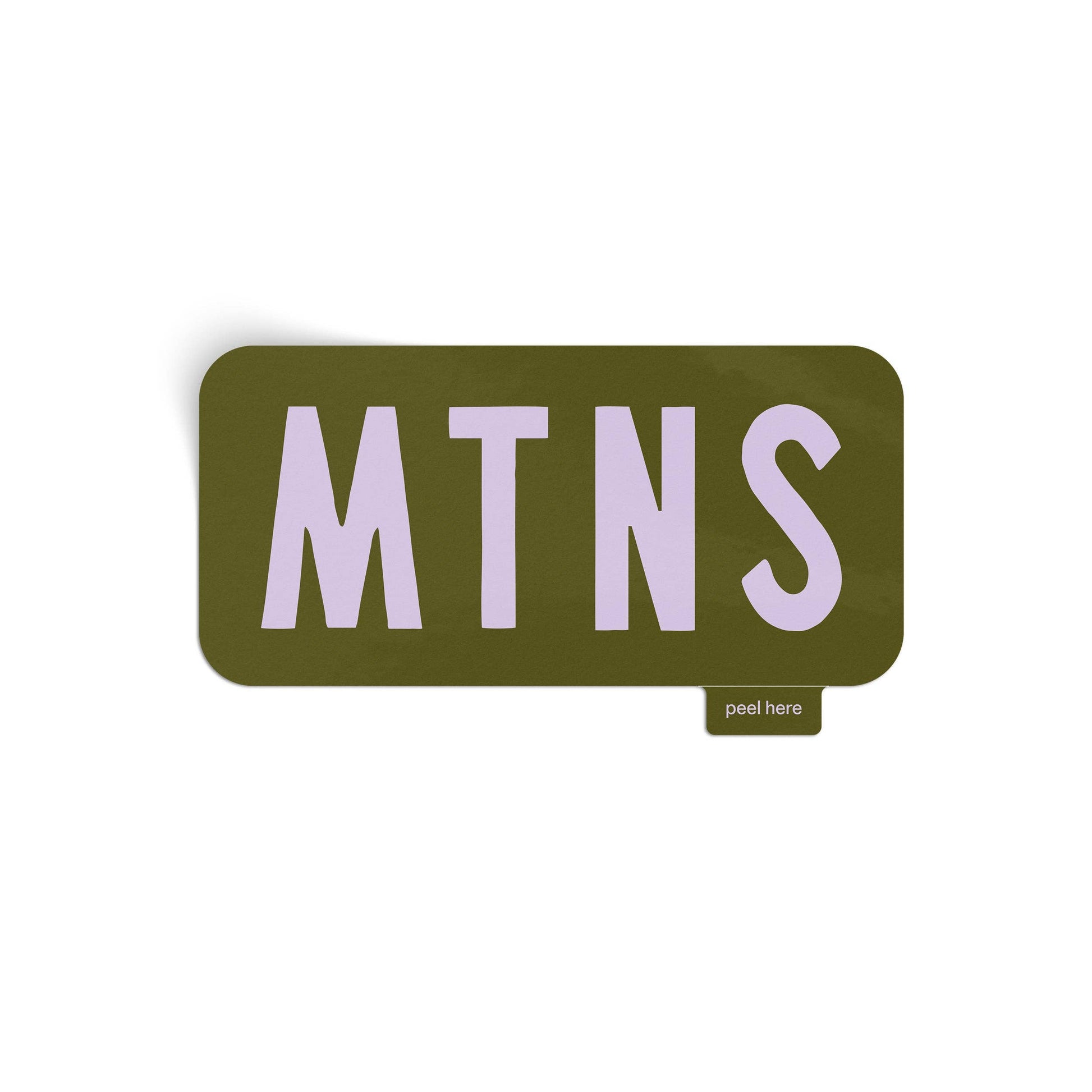 A rectangular peel-and-stick sticker with rounded corners, featuring the text 'MTNS' in light lavender on an olive green background, with a small 'peel here' label in the bottom right corner.